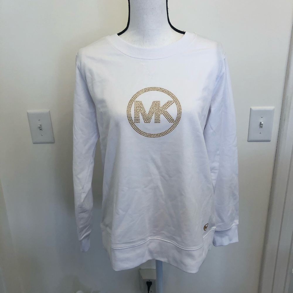 Michael Kors White Sweatshirt Gold MK Logo Crew